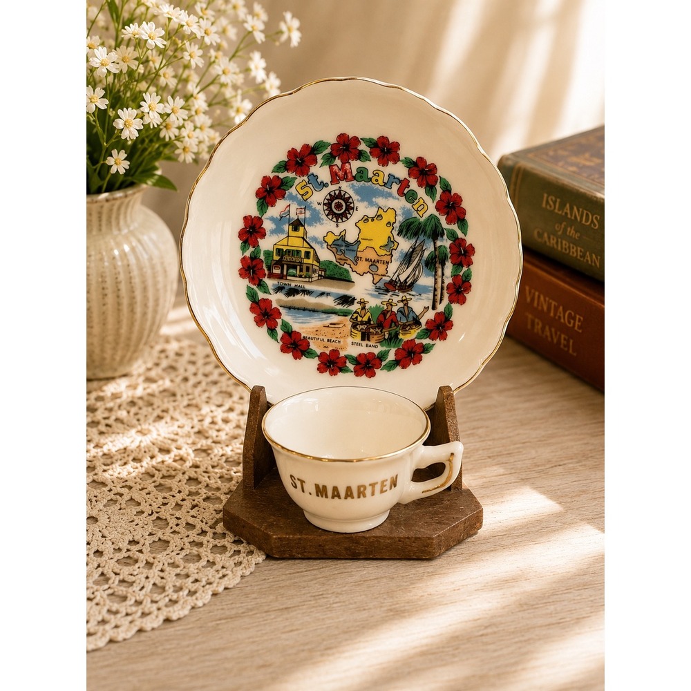 Vintage St. Maarten Souvenir Miniature Plate Cup Set Japan Gold Trim Stand